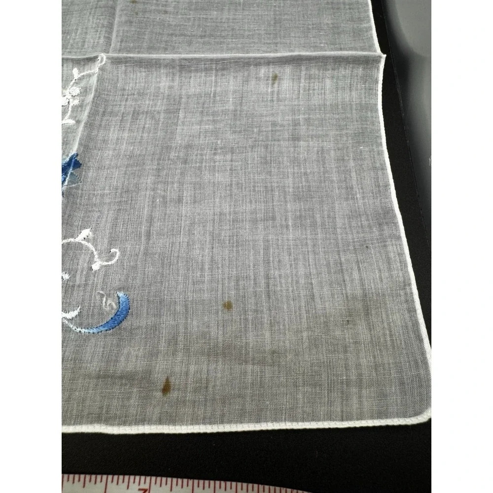 Vintage Blue And Silver‎ Flower Embroidered Hankerchief